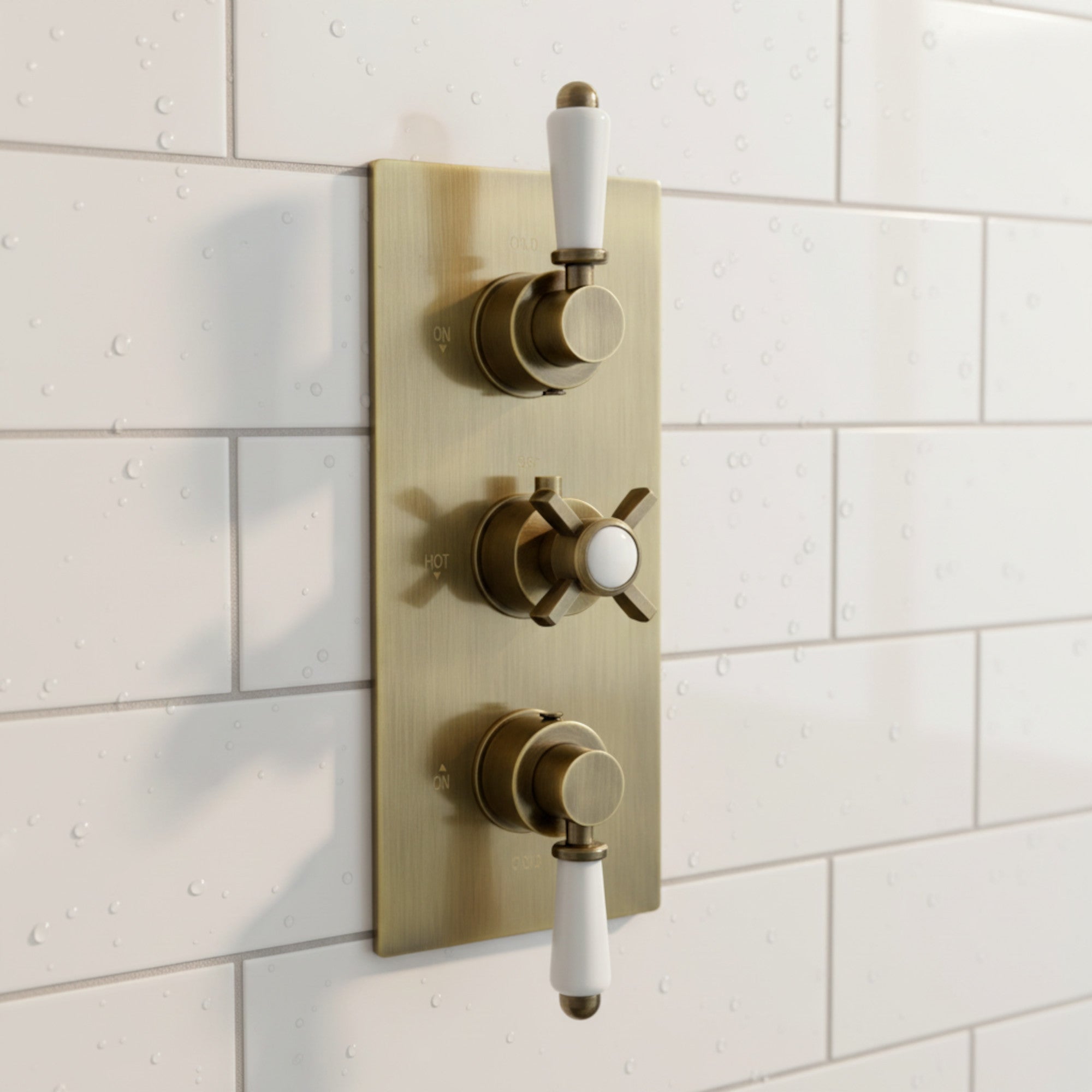 Edwardian traditional crosshead and white details concealed thermostatic triple shower valve with 3 outlets - antique brass